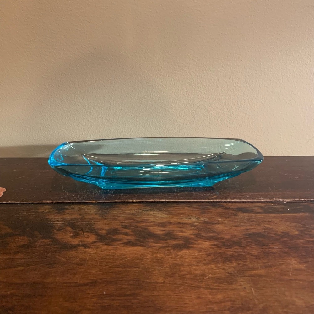 1960s Hazel‎ Atlas Turquoise Capri Blue Glass Serving Relish Rectangular Dish